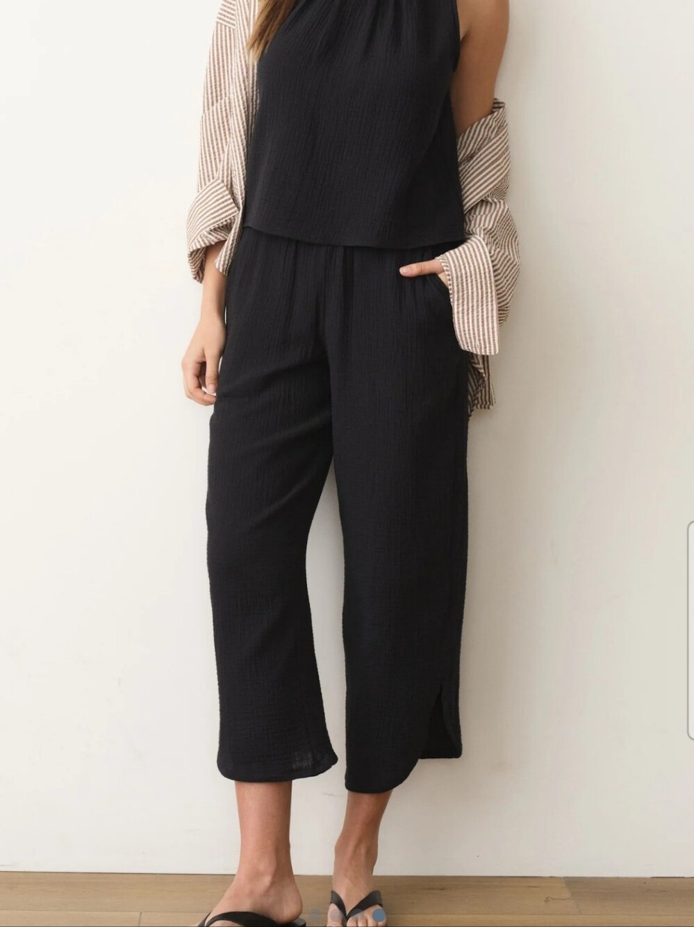Marine Layer Black Cropped Cali Double Cloth Gauze Wide Leg Pull On Pant 2026